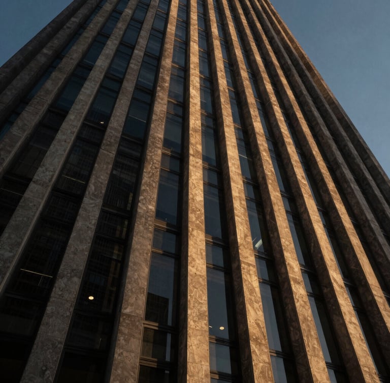 Dramatic architectural low-angle of a soaring concrete and glass tower facade at golden hour, deep charcoal shadows, high-contrast lighting, wide-angle lens