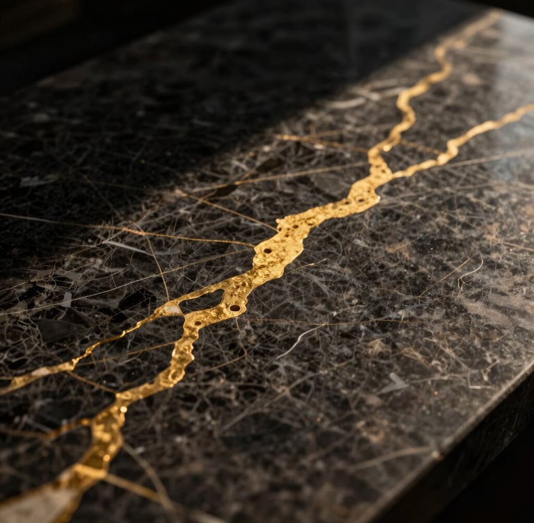 Extreme macro close-up of dark premium marble with gold veins, dramatic side lighting, high contrast, cinematic texture.