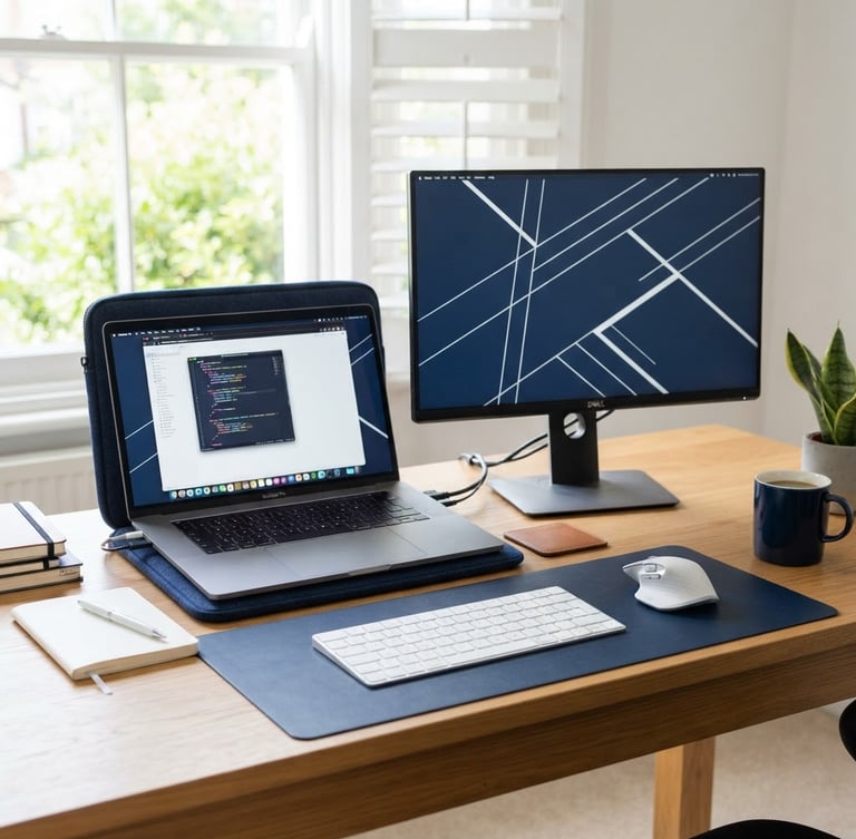 Modern, clean desktop setup with a laptop, external monitor, and wireless keyboard, bright natural daylight, crisp navy and white tones, sharp focus, professional workspace, subject off-center to the left.