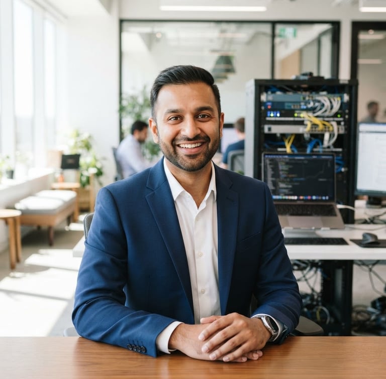 Professional portrait of Lavish Patel, a friendly, confident man in his 30s, smiling in a bright, modern workspace with a laptop and network equipment in soft focus behind him, natural daylight.