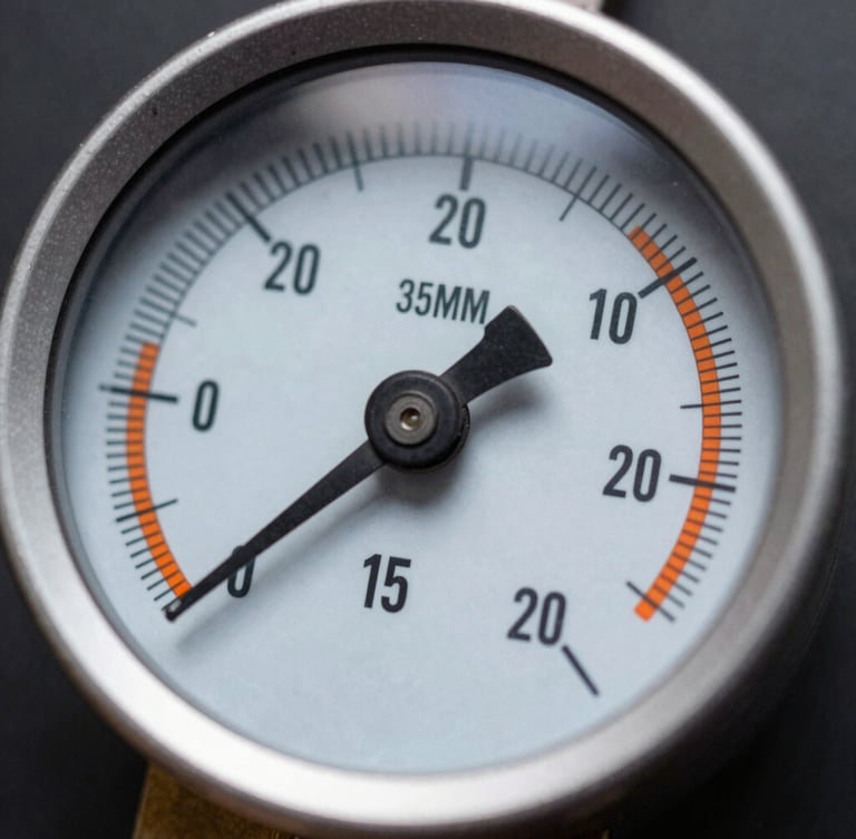 Macro shot of a digital manifold gauge displaying precise pressure readings, sharp technical contrast, focused work-light illumination, safety-orange accents