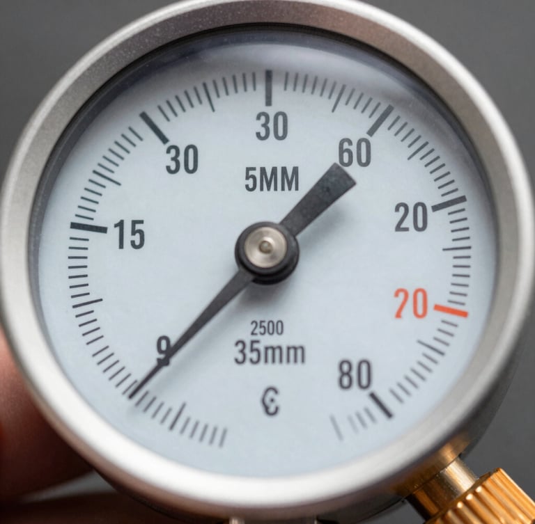 Macro shot of a digital manifold gauge showing precise pressure readings, sharp technical focus, safety-orange accents, 35mm.