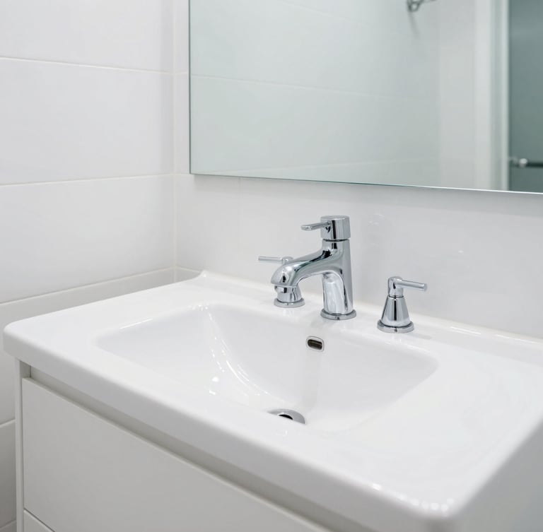 Wide shot of an immaculate, gleaming white Dubai bathroom post-service, high-key daylight reflecting off polished chrome fixtures, sharp focus
