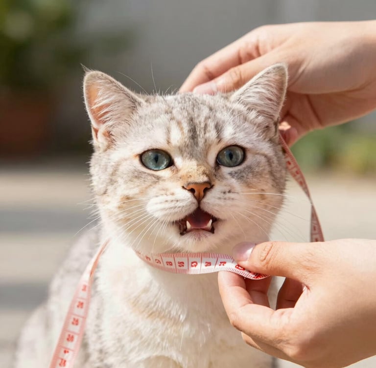 Eye-level close-up of hands gently measuring a happy, calm kitten with a soft measuring tape, bright natural daylight, warm inviting tones, 35mm lens.