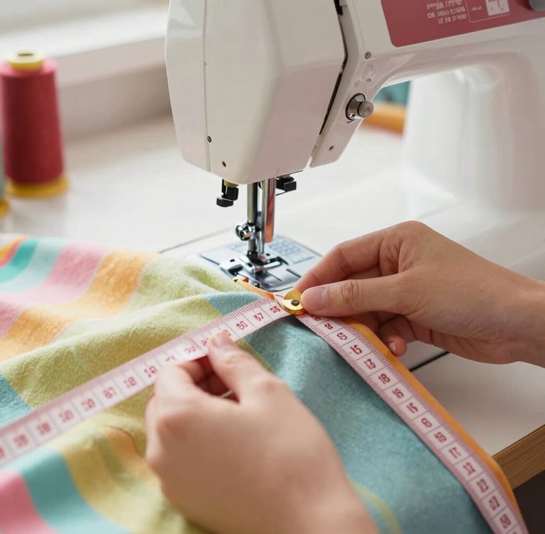 Close-up of hands carefully measuring a soft colorful fabric with a tape measure next to a sewing machine in a bright family workshop, warm natural lighting