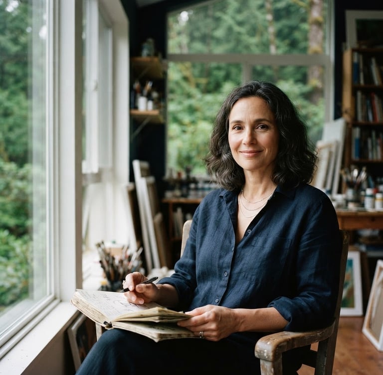 A professional, elegant portrait of a female visual artist and writer in her late 40s, Mariane, with a serene expression, holding a sketchbook, in a bright studio with large windows showing a lush green forest outside, soft natural morning light, high-contrast, editorial photography.