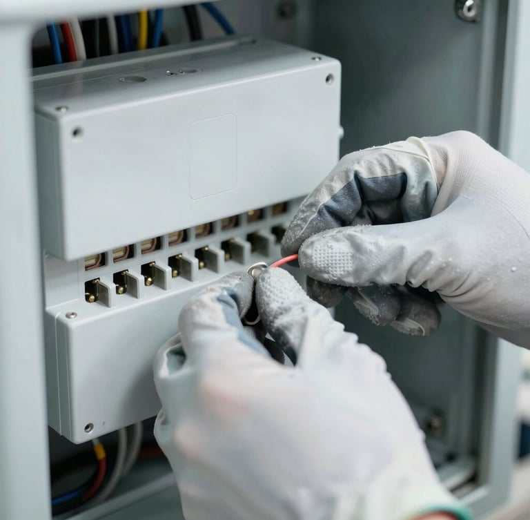 Close-up of hands wearing technical gloves terminating a wire inside a perfectly clean electrical enclosure, sharp focus, cool daylight, 35mm