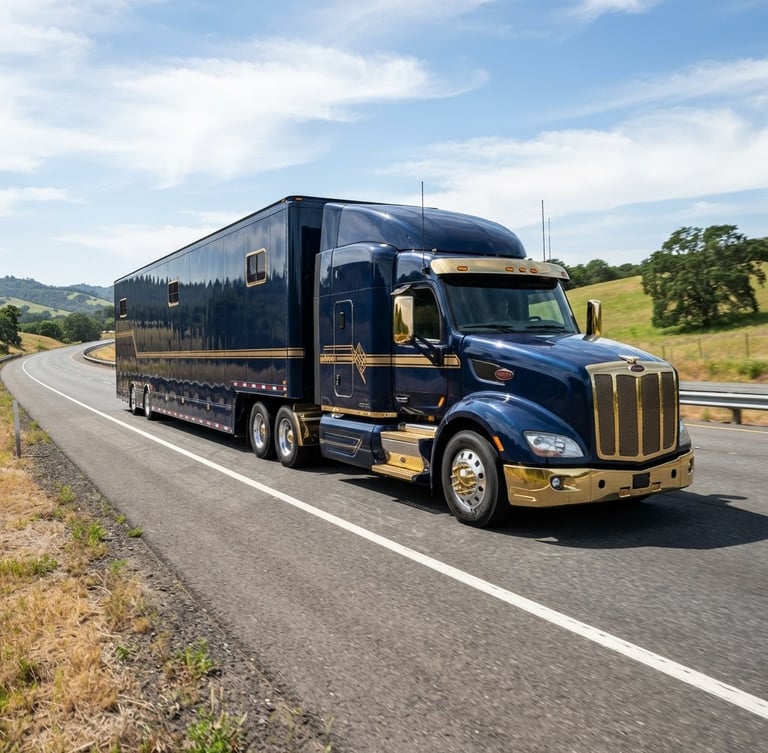 Dynamic low-angle shot of a clean modern enclosed auto transport carrier on a highway under bright daylight, gold accents on the truck, crisp focus.