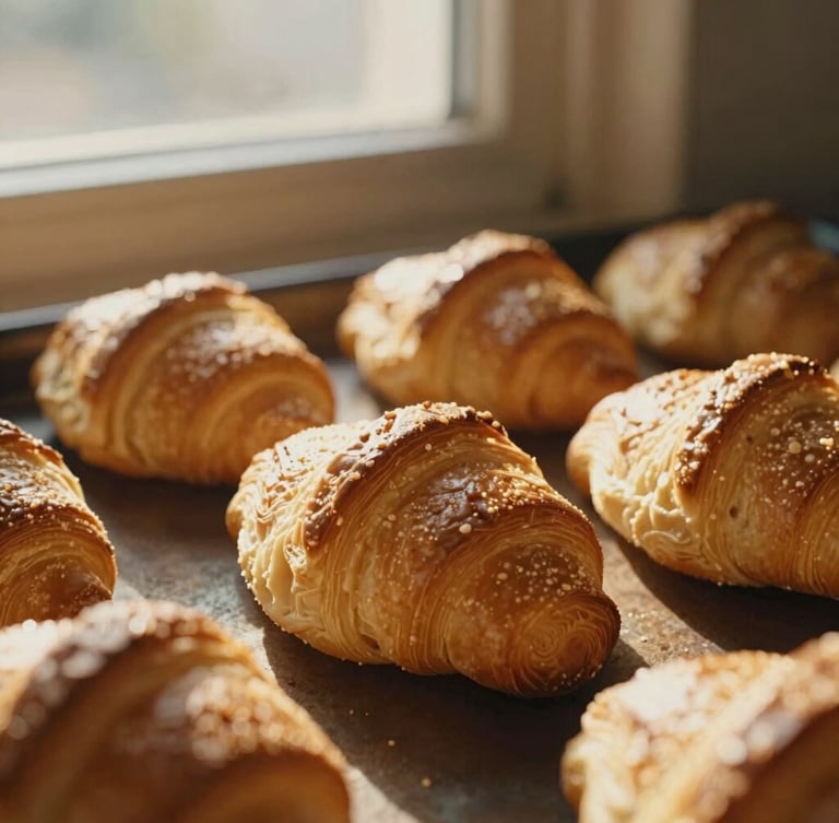 Close-up of golden-brown conchas fresh from the oven showing distinct textures, warm natural golden-hour sunlight streaming through a window, 35mm film