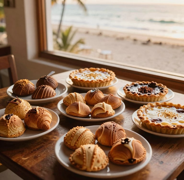 Overhead warm editorial photography of a vibrant Mexican dessert table at a beachside Cozumel resort, golden-hour window light, rich conchas and artisanal pies styled beautifully.