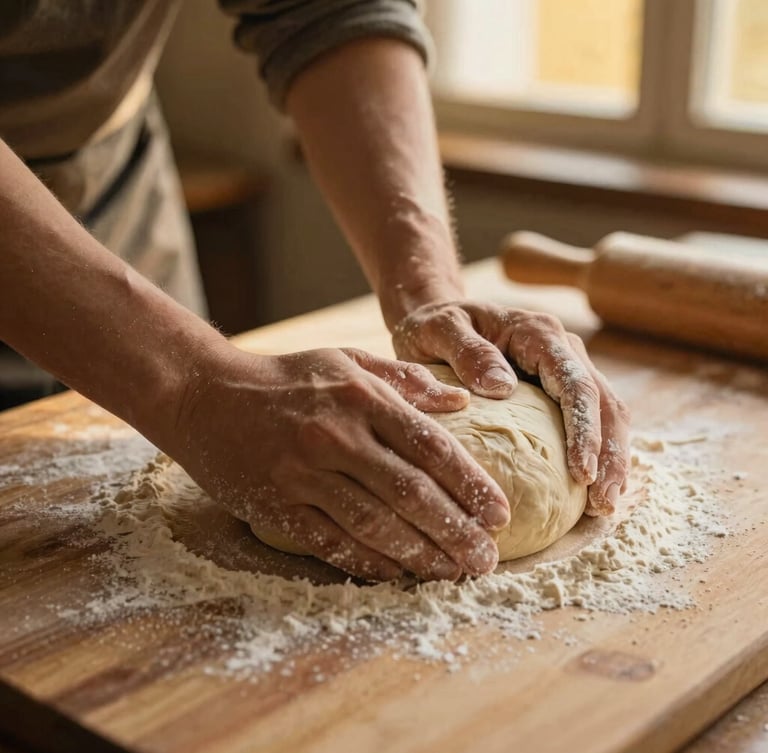 Hands dusted with flour kneading rustic dough on a wooden board, warm golden light, shallow depth of field, 35mm film
