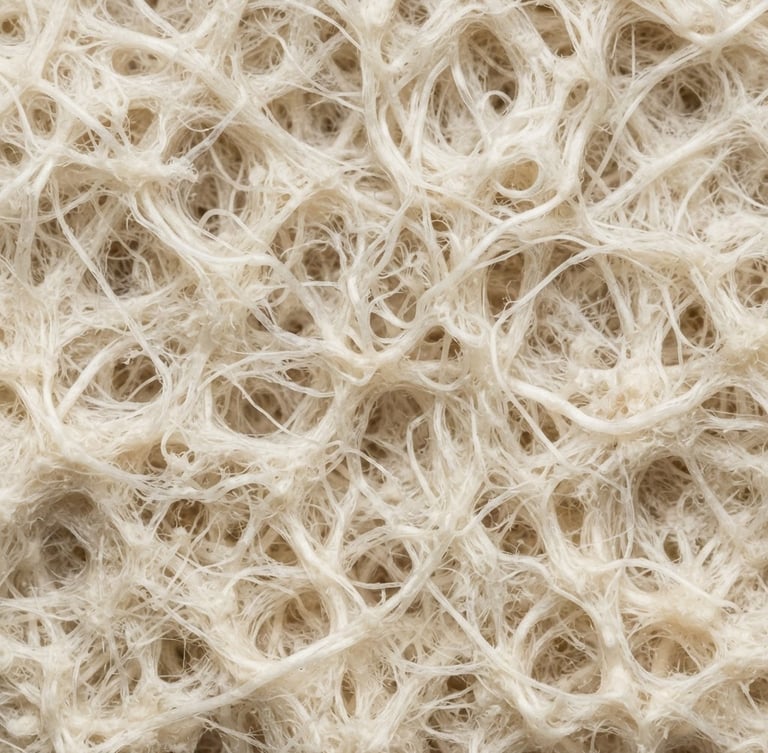 Macro photograph of dense, cream-colored engineered mycelium fiber structure under bright clinical laboratory light, highlighting technical material texture