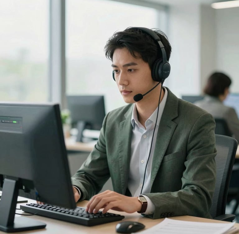 Professional BPO agent focused intently on a data dashboard displaying pipeline metrics, in a modern, bright corporate office environment. Natural window light illuminates the scene, creating soft shadows. The image features shallow depth of field, with muted emerald accents in the background.