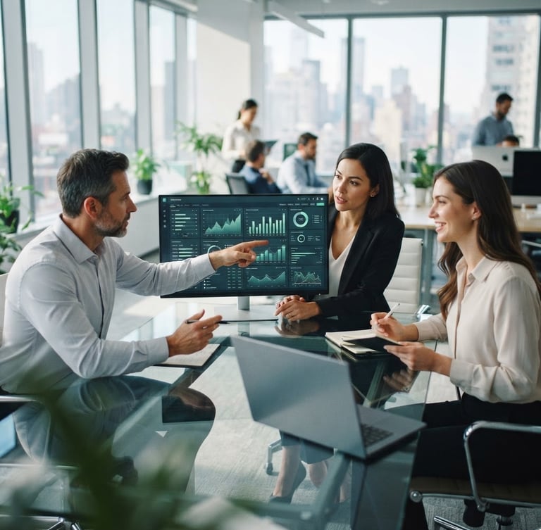 A collaborative corporate office with floor-to-ceiling windows, professional agents analyzing clean data dashboards, bright natural window light, shallow depth of field