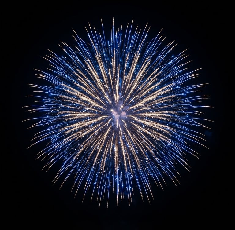 Dramatic dark photography of a symmetrical blue and gold pyrotechnic explosion in a pitch black night sky, high-speed action, sharp focus, professional editorial.