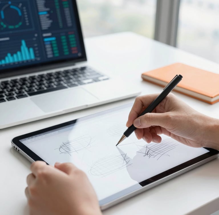 Close-up of hands sketching wireframes on a tablet, a laptop with data visualizations in the background, bright natural light, crisp blue and orange accents.