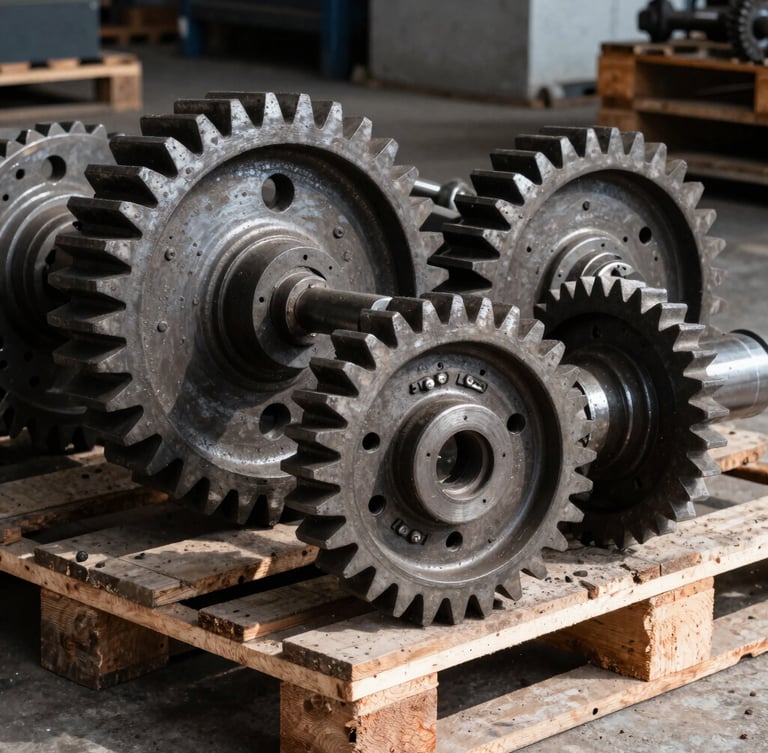 Tight close-up of heavy industrial gears and steel spare parts stacked on a wooden pallet inside a raw warehouse in Santiago, high-contrast natural daylight, sharp focus, desaturated tones.