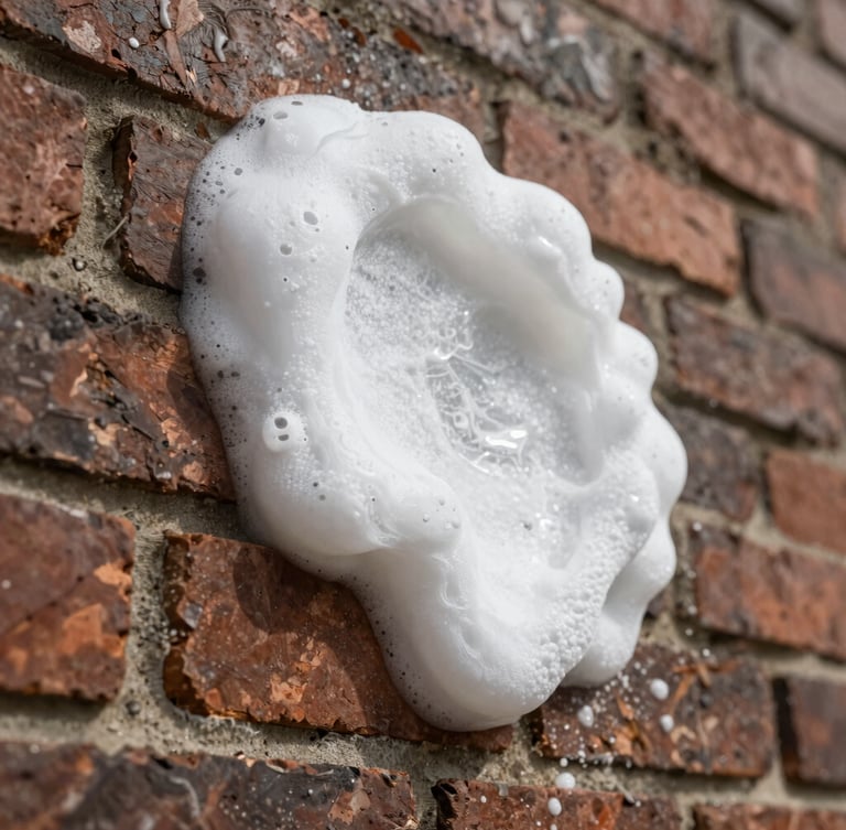 Low-angle close-up of thick white sanitizing foam clinging to a weathered brick wall, bright daylight highlighting the chemical action, sharp focus on texture.