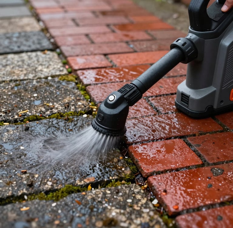 Close-up of a professional rotary pressure washer cleaning weathered block paving, showing a sharp clean line between dark mossy stone and bright restored red brick, water droplets spraying.
