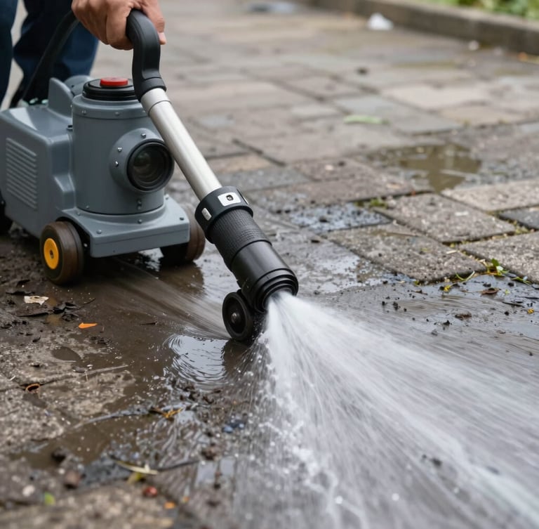 Close-up action shot of an industrial rotary pressure washer gliding over dirty block paving, leaving a clean bright path in its wake, high-velocity water spray visible, daylight