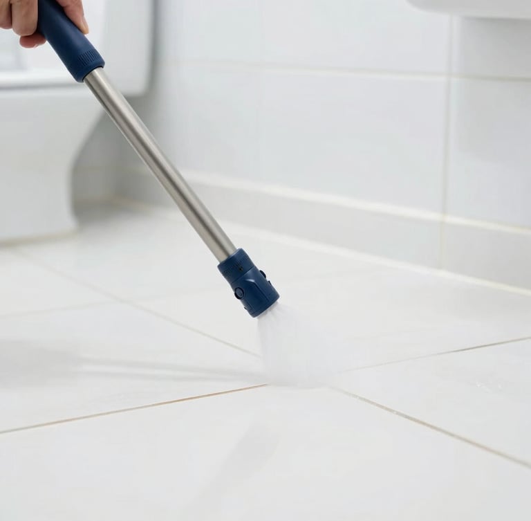 Close-up of high-pressure cleaning equipment spraying sanitizing solution onto pristine commercial restroom tile grout, bright high-key commercial lighting, sterile white and blue tones, sharp focus, 35mm