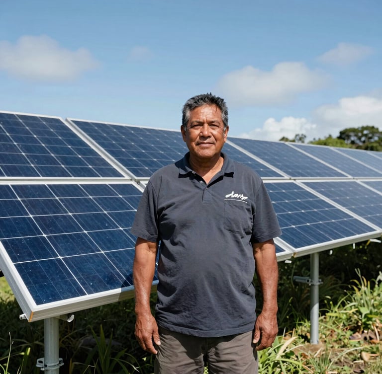 Wide environmental portrait of a local Pacific community leader standing beside a solar array installation, bright natural daylight, clear sky.