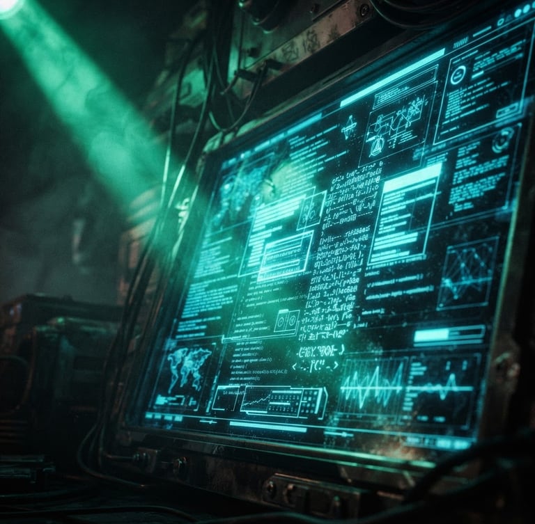 Extreme close-up of a glowing terminal interface with neon cyan code blocks, high-contrast volumetric green light slicing through a dark atmospheric room, cinematic 35mm