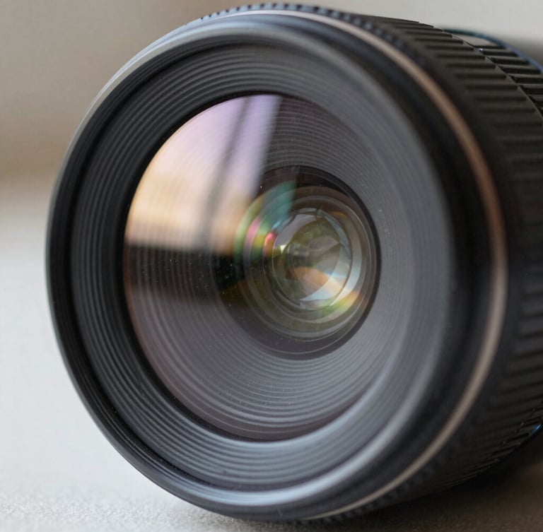 Macro close-up of a high-tech smartphone camera lens reflecting soft window light, showing dust particles and realistic glass texture, 50mm lens