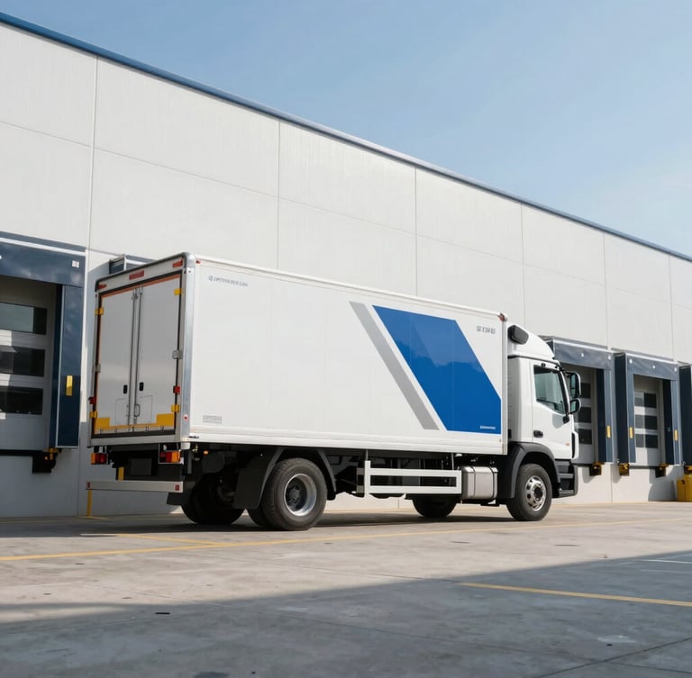 Heroic low-angle shot of a clean, modern warehouse loading dock with a branded delivery truck parked, bright morning daylight, industrial scale