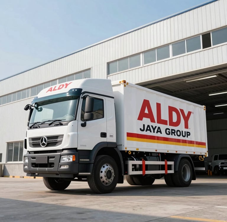Heroic low-angle shot of a heavy-duty cargo truck branded with ALDY JAYA GROUP decals, parked in front of a clean modern warehouse.