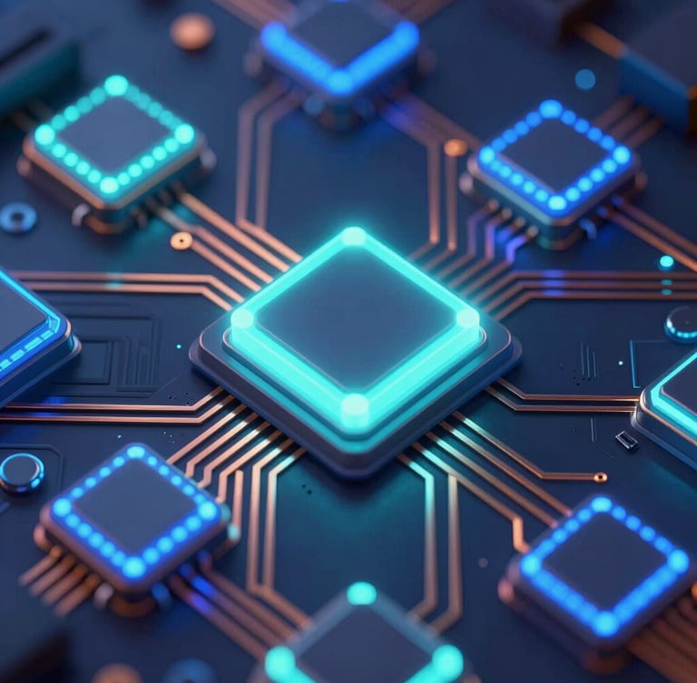 Macro shot of physical computing hardware, glowing blue and teal LED diodes, copper circuit board traces, crisp studio lighting, cinematic 3D digital illustration