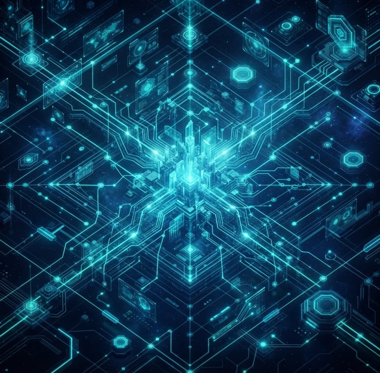 Futuristic 3D digital illustration of a glowing teal and deep space navy neural network schematic, isometric tech design, cinematic lighting