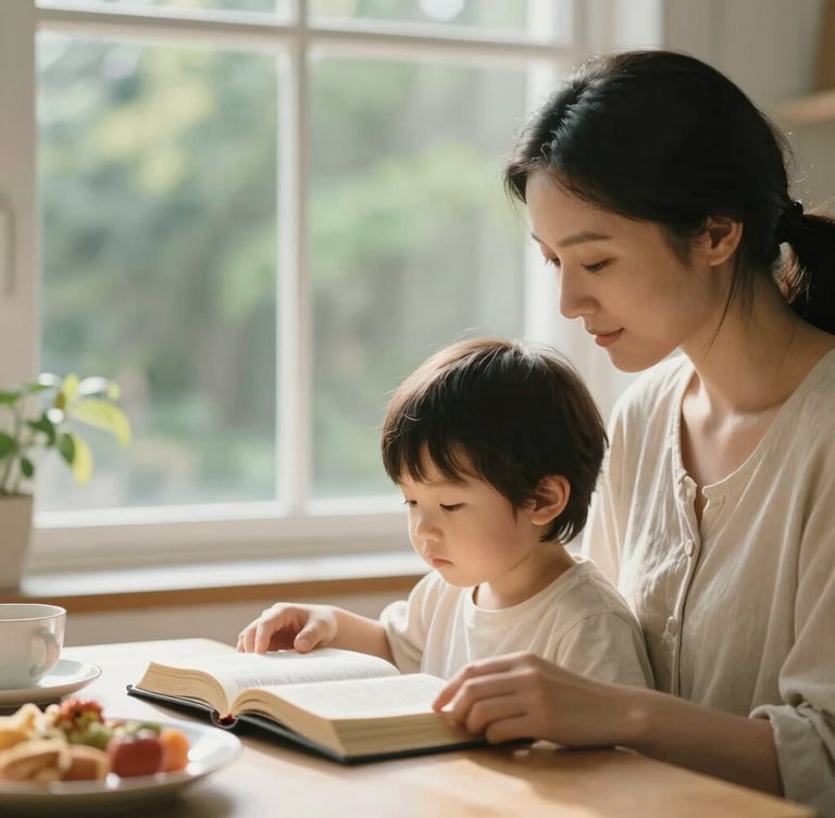 A warm family breakfast scene, morning window light casting a soft glow, a mother and young child reading an open Bible together, shallow depth of field, candid editorial style
