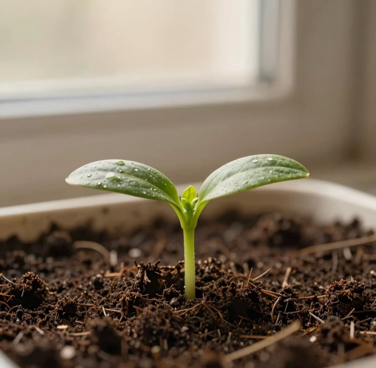 Close-up of a young green seedling sprouting from rich dark soil, soft morning daylight, shallow depth of field, warm organic tones.