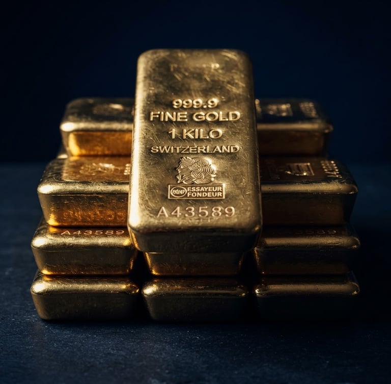 Macro photograph of high-purity physical gold bullion bars stacked neatly, dramatic low-key lighting, reflective golden surface, deep midnight blue shadows, editorial studio photography
