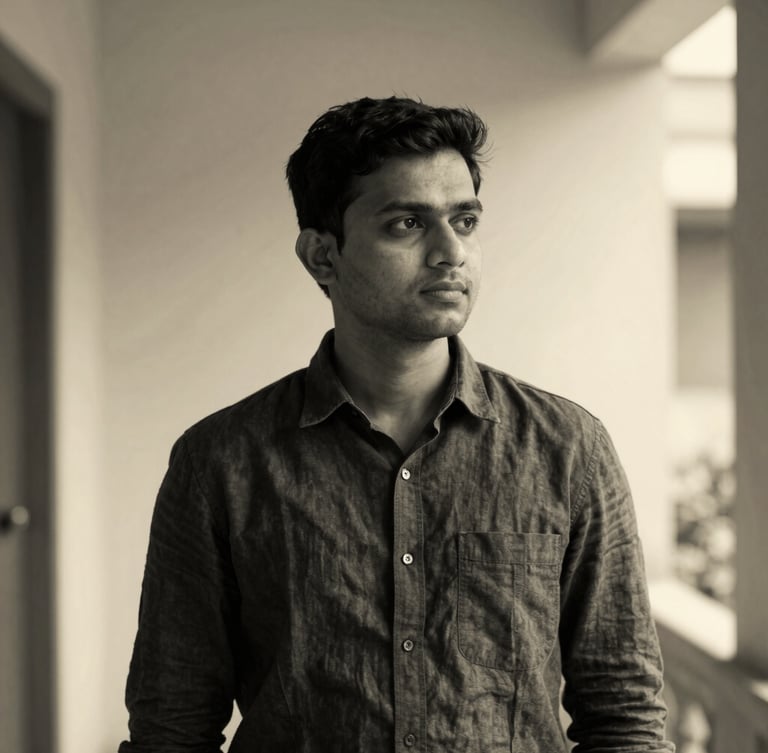 A professional, high-contrast black and white portrait of a thoughtful South Asian male engineer in a charcoal linen shirt, soft natural side lighting, negative space to the right.