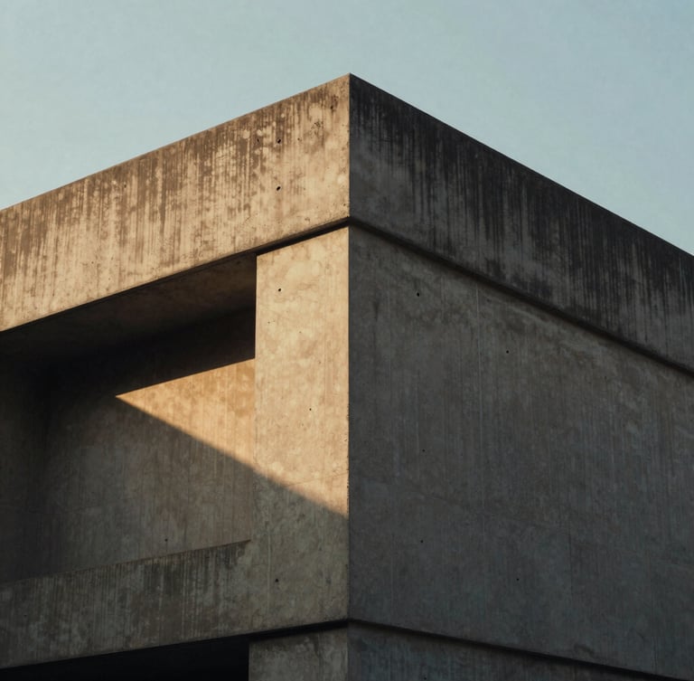 Close-up of modern concrete architectural angles in Hyderabad, soft golden-hour natural light, deep high-contrast shadows, 35mm film feel.