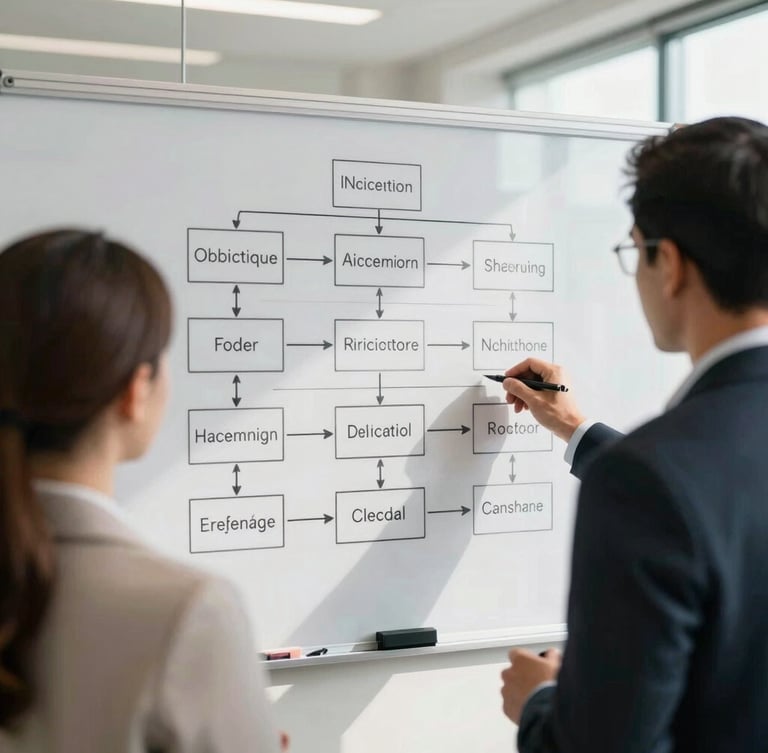 Over-the-shoulder view of two corporate executives whiteboarding a system architecture in a clean, modern Tallahassee office. Bright, natural daylight.