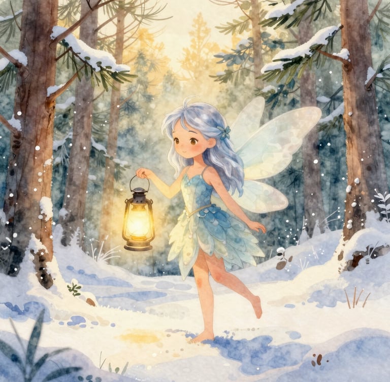 Watercolor illustration of Aurelia Frostbloom, a gentle fairy with silver-blue hair and soft wings, holding a glowing lantern in a snowy pine forest, warm golden-hour light