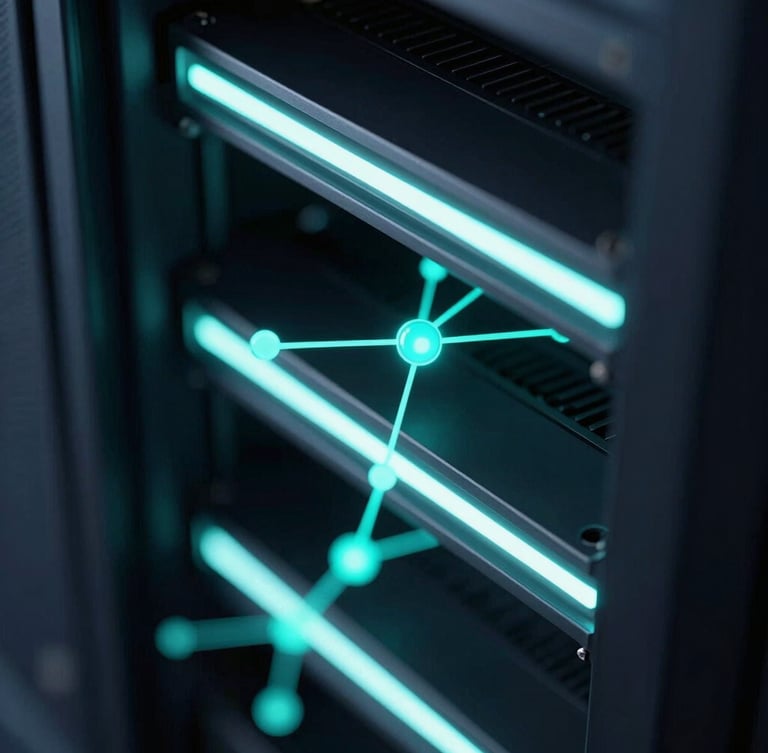 Close-up of modern server hardware, low-key moody dark-room lighting with sharp, directional teal and white neon highlights
