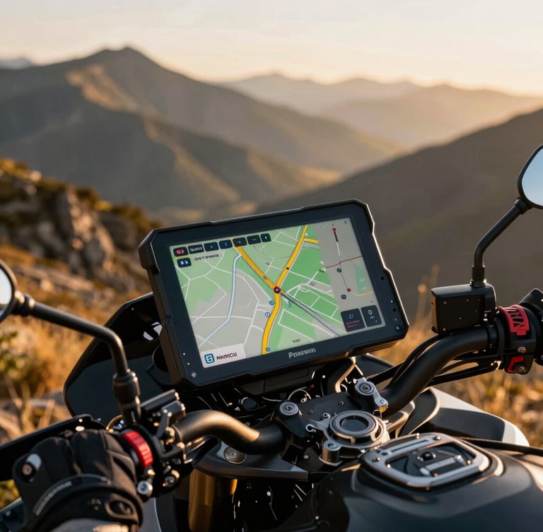 Close-up editorial photograph of premium motorcycle gear and a digital navigation screen showing a detailed route map on a tank bag, morning light.