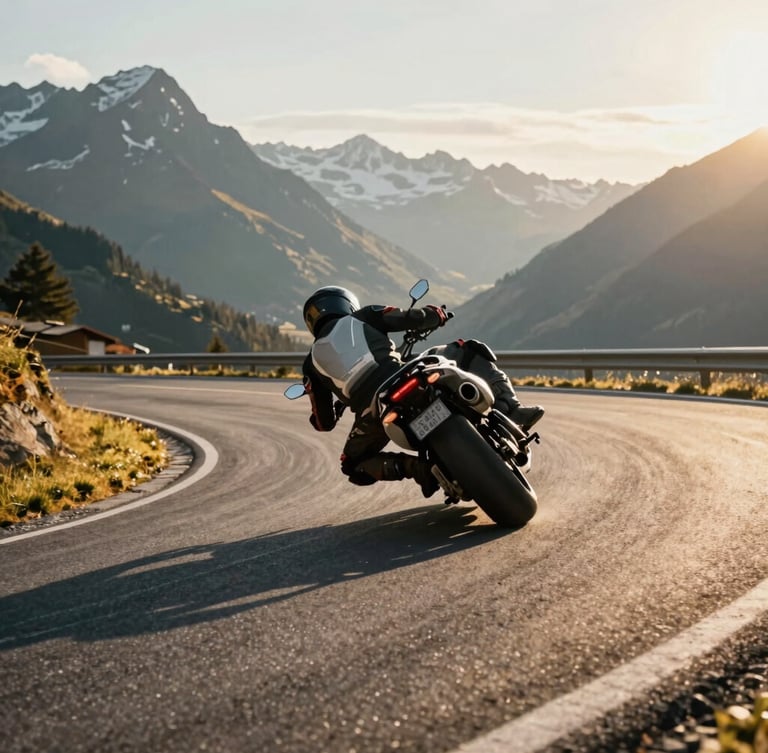Low-angle dynamic shot of a premium touring motorcycle leaning into a sharp, clean asphalt hairpin turn in the Swiss Alps, crisp morning light casting long shadows, majestic peaks in background