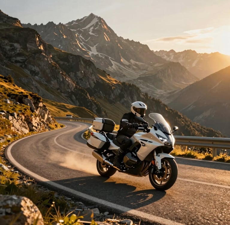 Low-angle dynamic shot of a premium touring motorcycle carving through a sweeping Alpine switchback at golden hour, dramatic mountain peaks in the background.