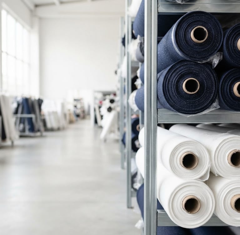 Structured rolls of premium navy blue and white cotton fabric in a clean, modern warehouse, bright neutral daylight, high clarity, right side framed, expansive space to the left.
