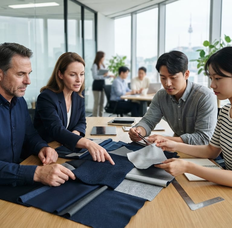Professional team of textile engineers and logistics experts in a modern, clean office environment in Seoul, looking at fabric samples, bright neutral daylight, structured composition.