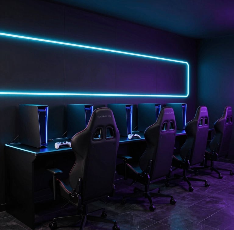 Sleek low-key ambient view of GGHUB gaming lounge, matte black walls, sharp neon cyan LED strips framing five custom-tuned PlayStation stations, premium racing seats, 35mm lens