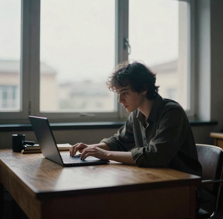 A moody editorial portrait of a writer at a wooden desk near a large window, soft overcast daylight casting deep shadows, desaturated cool tones with warm cream undertones, 35mm film grain.