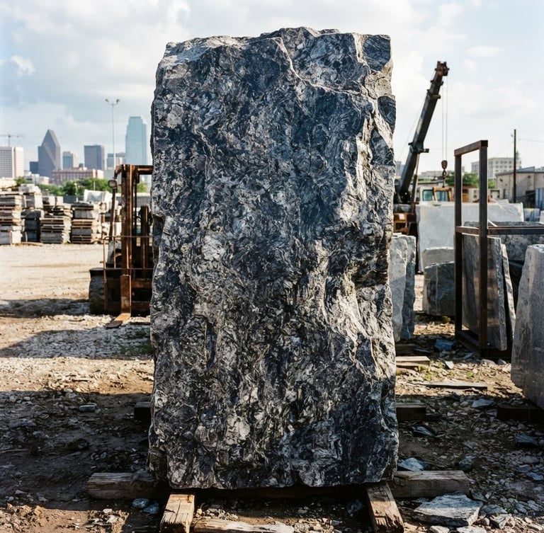 Wide panoramic shot of a raw, thick granite slab in a Dallas yard, high contrast natural light, deep navy and silver tones, emphasizing texture and scale.