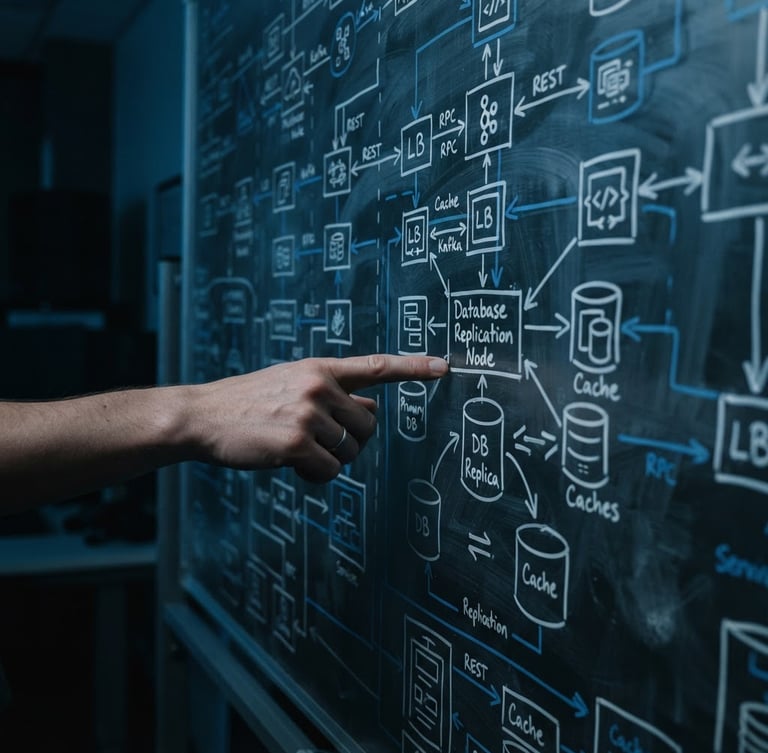 Close-up of a physical whiteboard with complex system architecture diagrams, hand pointing to a database replication node, low-key blue studio lighting