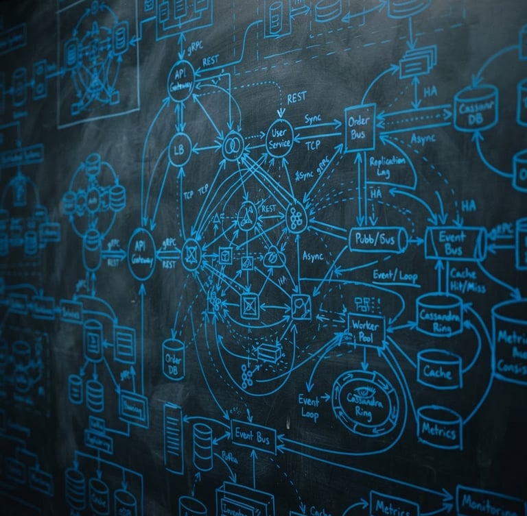 Macro shot of a physical whiteboard covered in complex distributed systems architecture diagrams, dark slate background, sharp electric blue dry-erase marker lines, low-key technical studio lighting, 35mm lens.